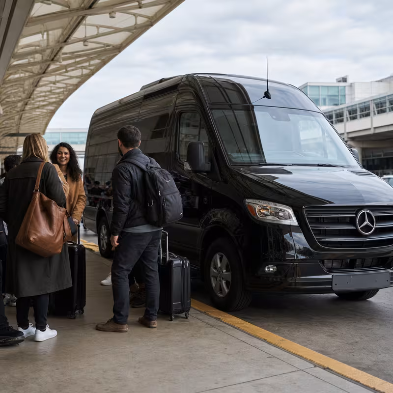 Group boarding a white charter bus for Airport Transportation transportation in Lakewood