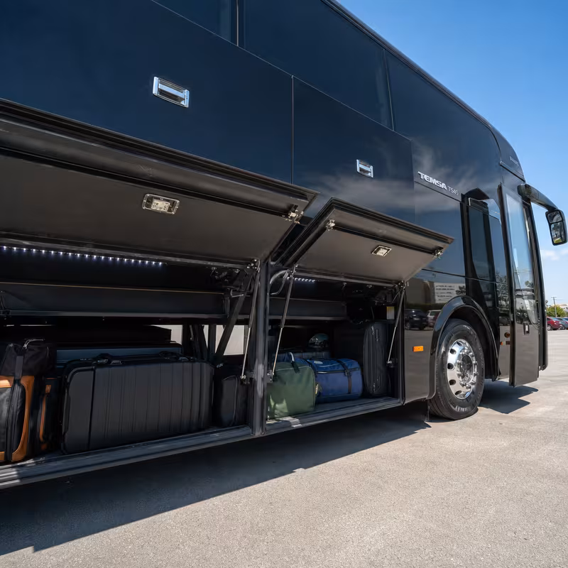 Party bus interior with wraparound leather seating and LED lighting in Lakewood