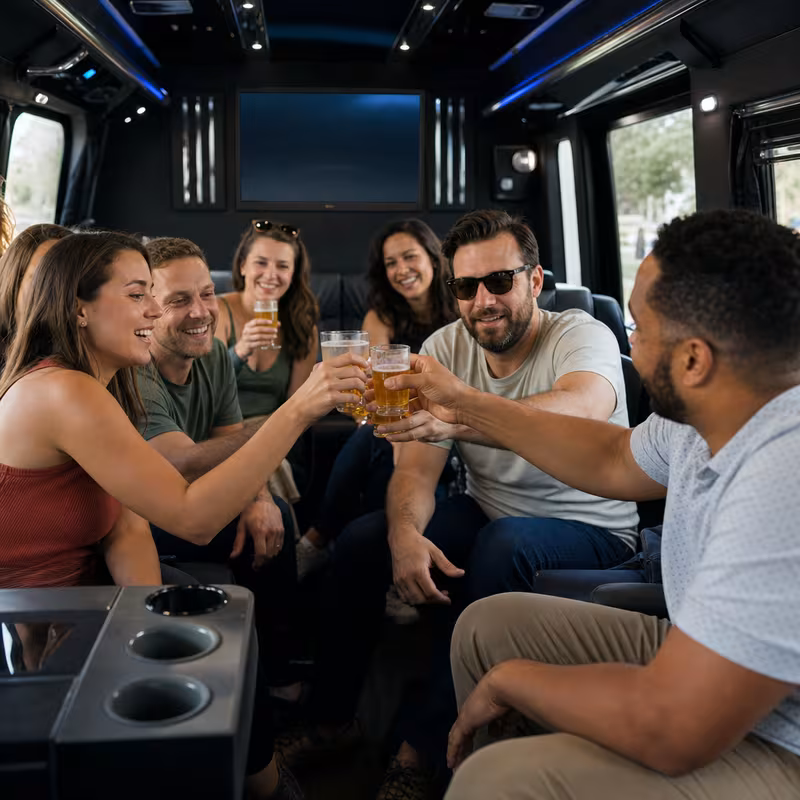 Group boarding a white charter bus for Winery & Brewery Tour Transportation transportation in Lakewood